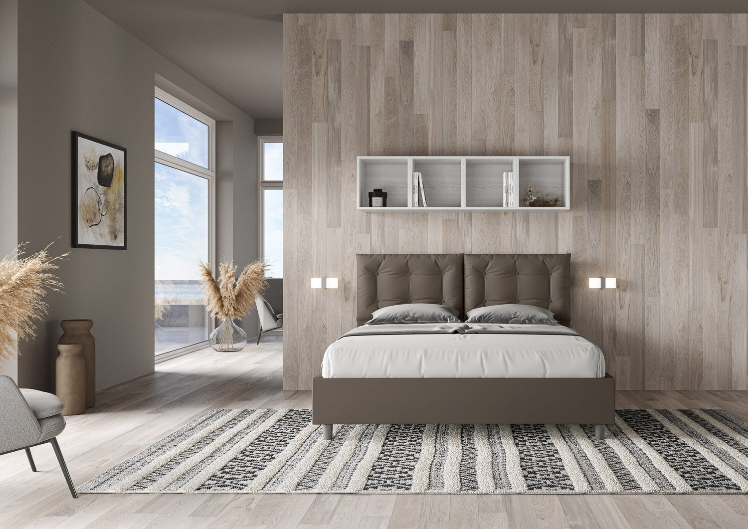 Cama con cabecera y almohadas con botones a elección, con contenedor o con somier de lamas en similpiel Cappuccino - 80x190 Individual estándar - JoyShop Colchones