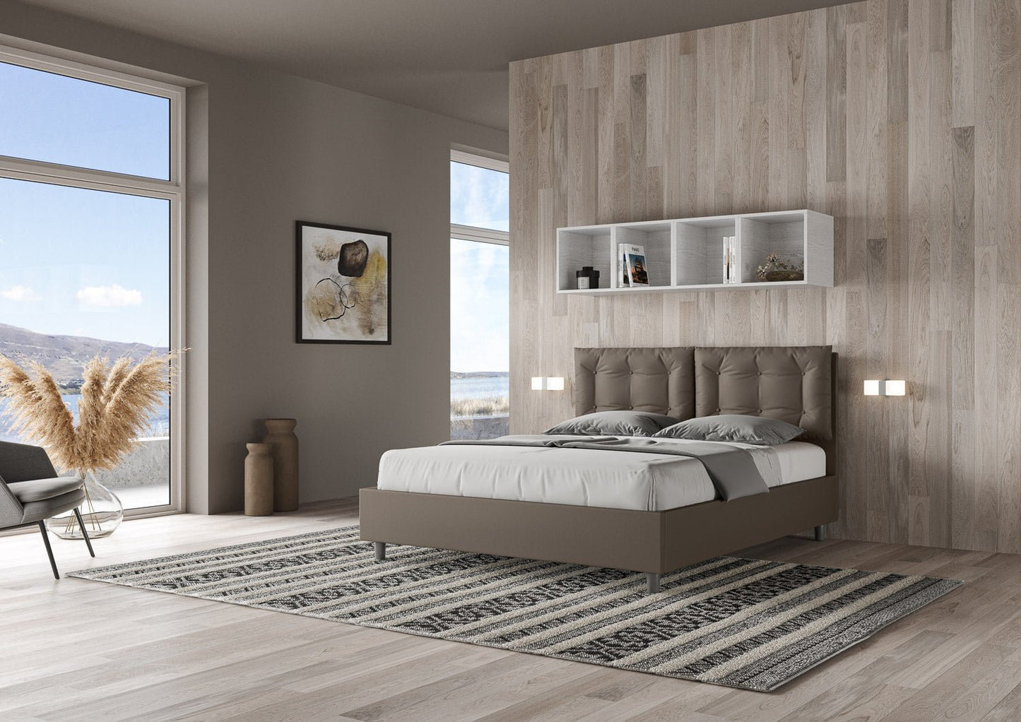 Cama con cabecera y almohadas con botones a elección, con contenedor o con somier de lamas en similpiel Cappuccino - 80x190 Individual estándar - JoyShop Colchones