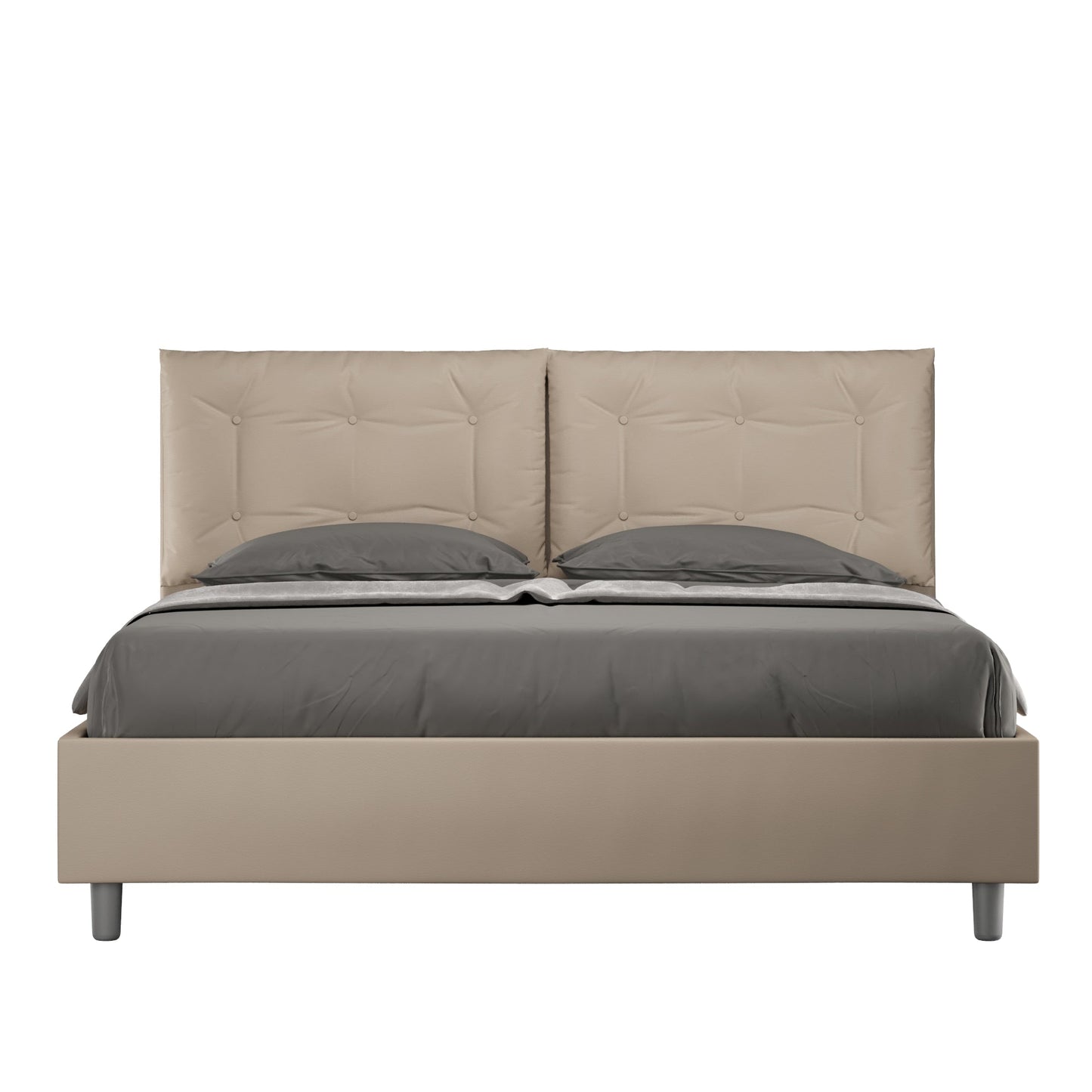 Cama con cabecera y almohadas con botones a elección, con falda, contenedor o con somier de lamas en similpiel Tortora - 80x190 Individual estándar - JoyShop Colchones