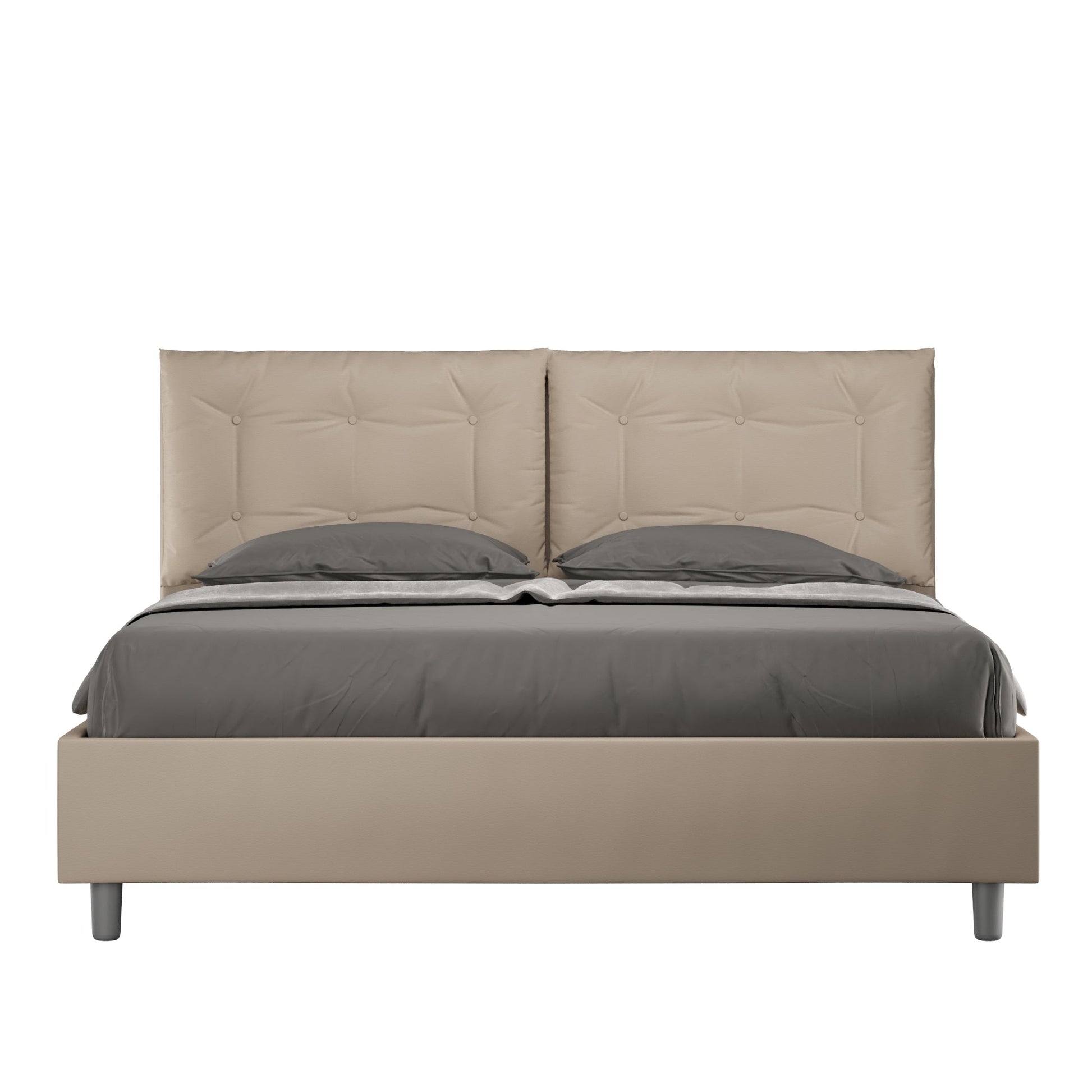 Cama con cabecera y almohadas con botones a elección, con falda, contenedor o con somier de lamas en similpiel Tortora - 80x190 Individual estándar - JoyShop Colchones