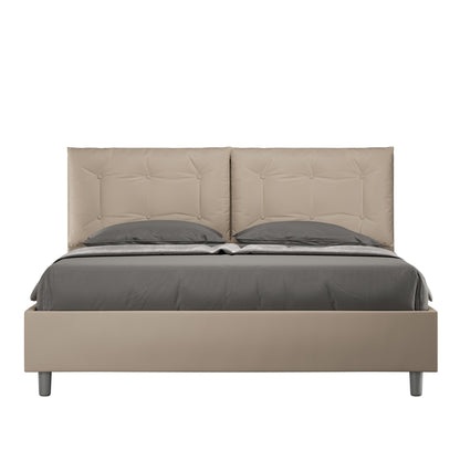 Cama con cabecera y almohadas con botones a elección, con falda, contenedor o con somier de lamas en similpiel Tortora - 80x190 Individual estándar - JoyShop Colchones