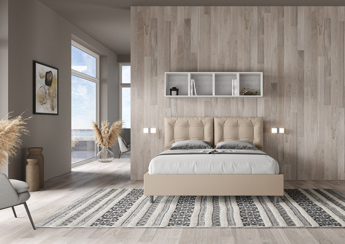 Cama con cabecera y almohadas con botones a elección, con falda, contenedor o con somier de lamas en similpiel Tortora - 80x190 Individual estándar - JoyShop Colchones