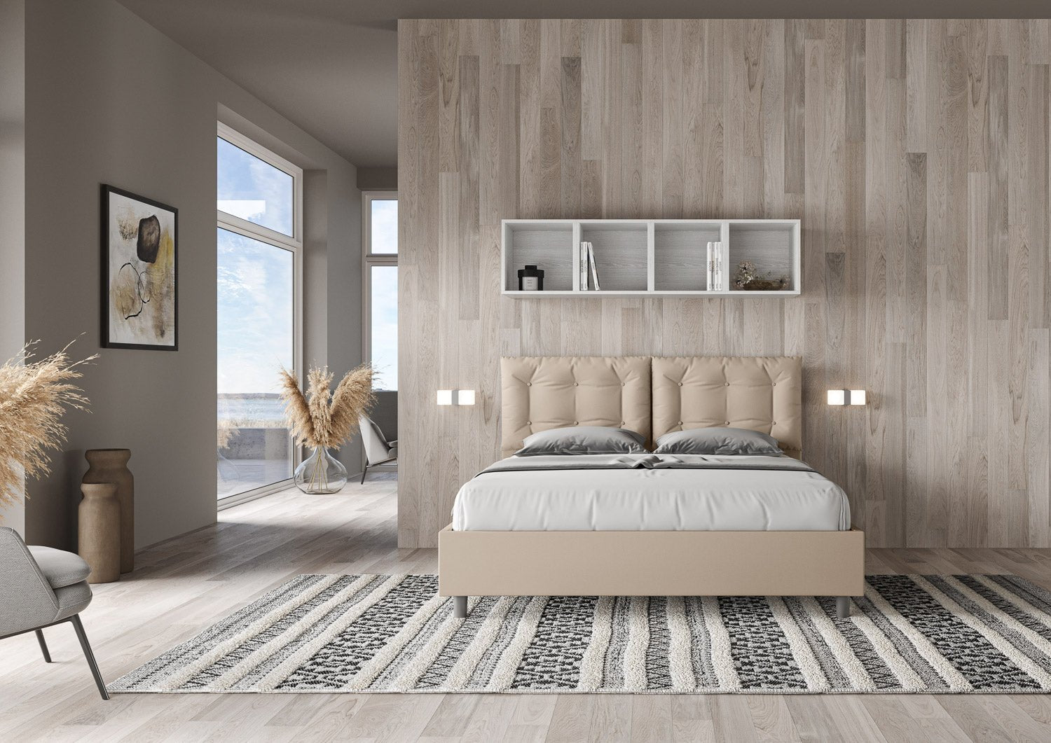 Cama con cabecera y almohadas con botones a elección, con falda, contenedor o con somier de lamas en similpiel Tortora - 80x190 Individual estándar - JoyShop Colchones
