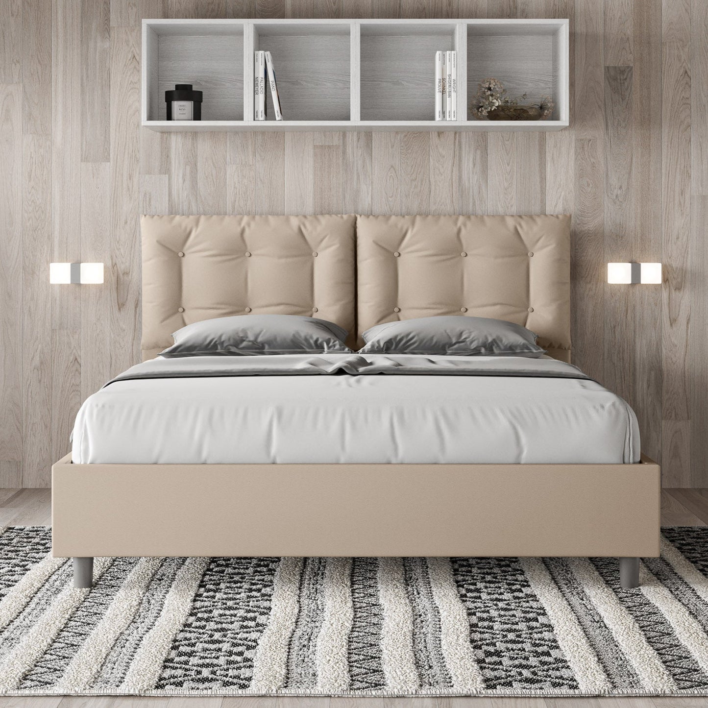 Cama con cabecera y almohadas con botones a elección, con falda, contenedor o con somier de lamas en similpiel Tortora - 80x190 Individual estándar - JoyShop Colchones