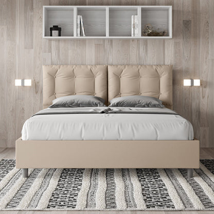 Cama con cabecera y almohadas con botones a elección, con falda, contenedor o con somier de lamas en similpiel Tortora - 80x190 Individual estándar - JoyShop Colchones