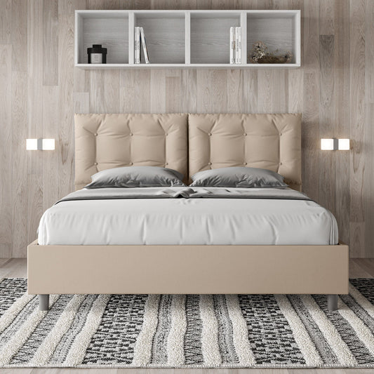 Cama con cabecera y almohadas con botones a elección, con falda, contenedor o con somier de lamas en similpiel Tortora - 80x190 Individual estándar - JoyShop Colchones