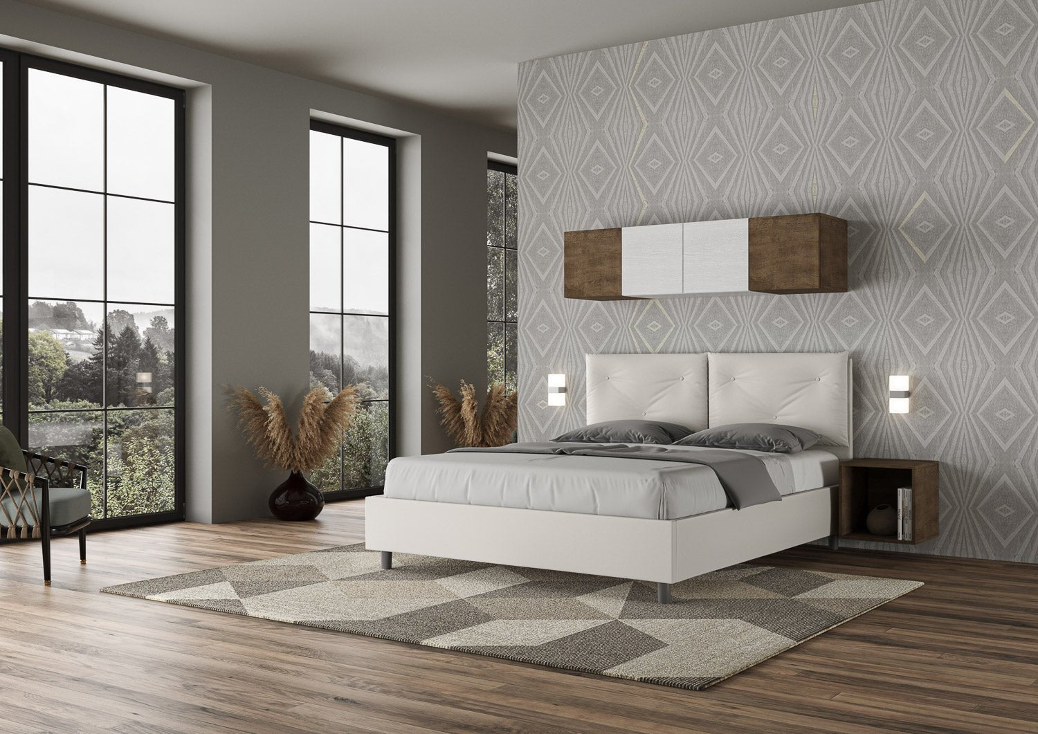 Letto con testata e cuscini con botones a elección, giroletto, contenedor o con red de listones en similpiel blanca - 80x190 estándar individual - JoyShop Colchones