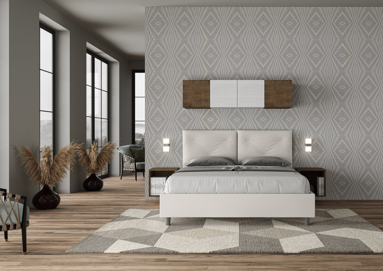 Letto con testata e cuscini con botones a elección, giroletto, contenedor o con red de listones en similpiel blanca - 80x190 estándar individual - JoyShop Colchones