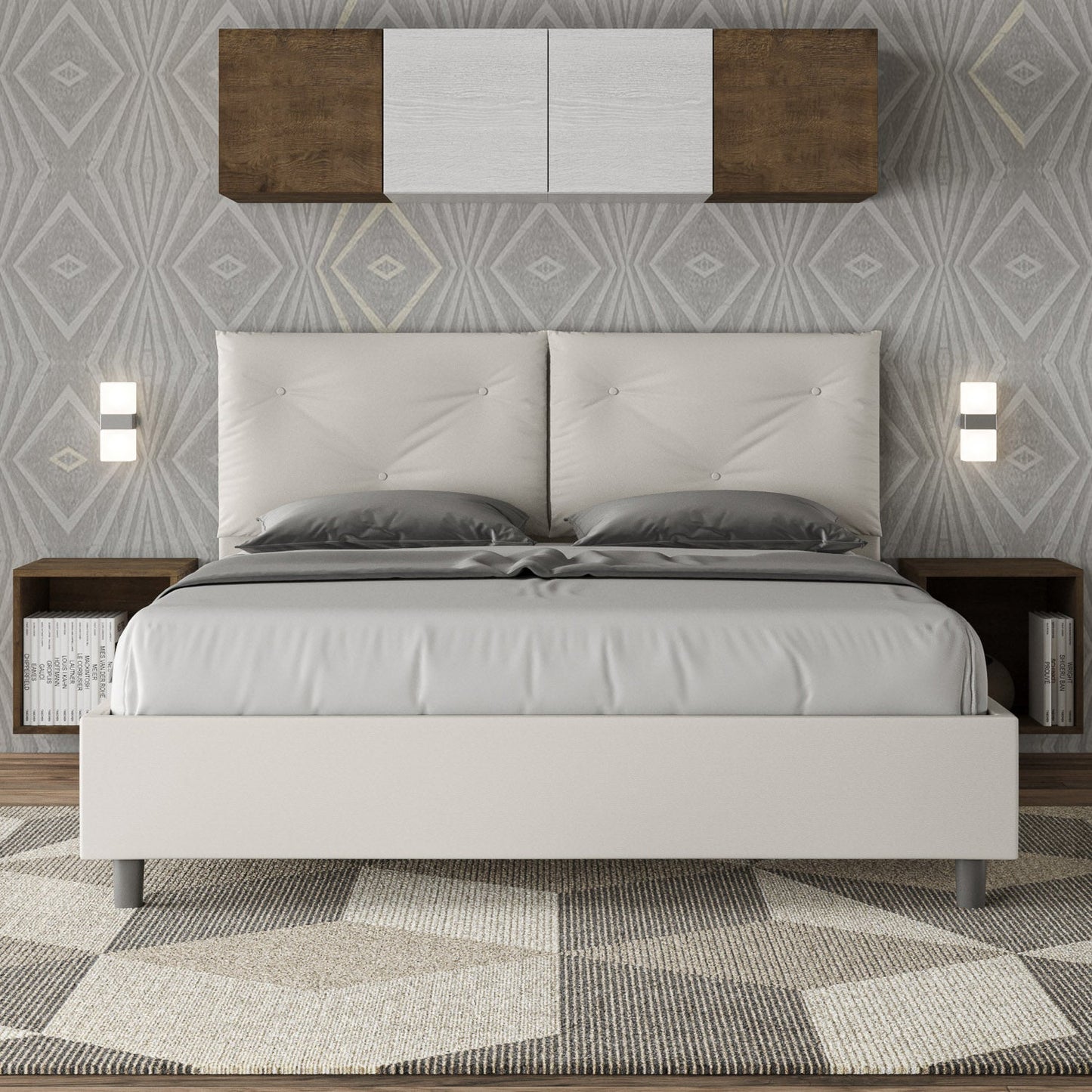 Letto con testata e cuscini con botones a elección, giroletto, contenedor o con red de listones en similpiel blanca - 80x190 estándar individual - JoyShop Colchones