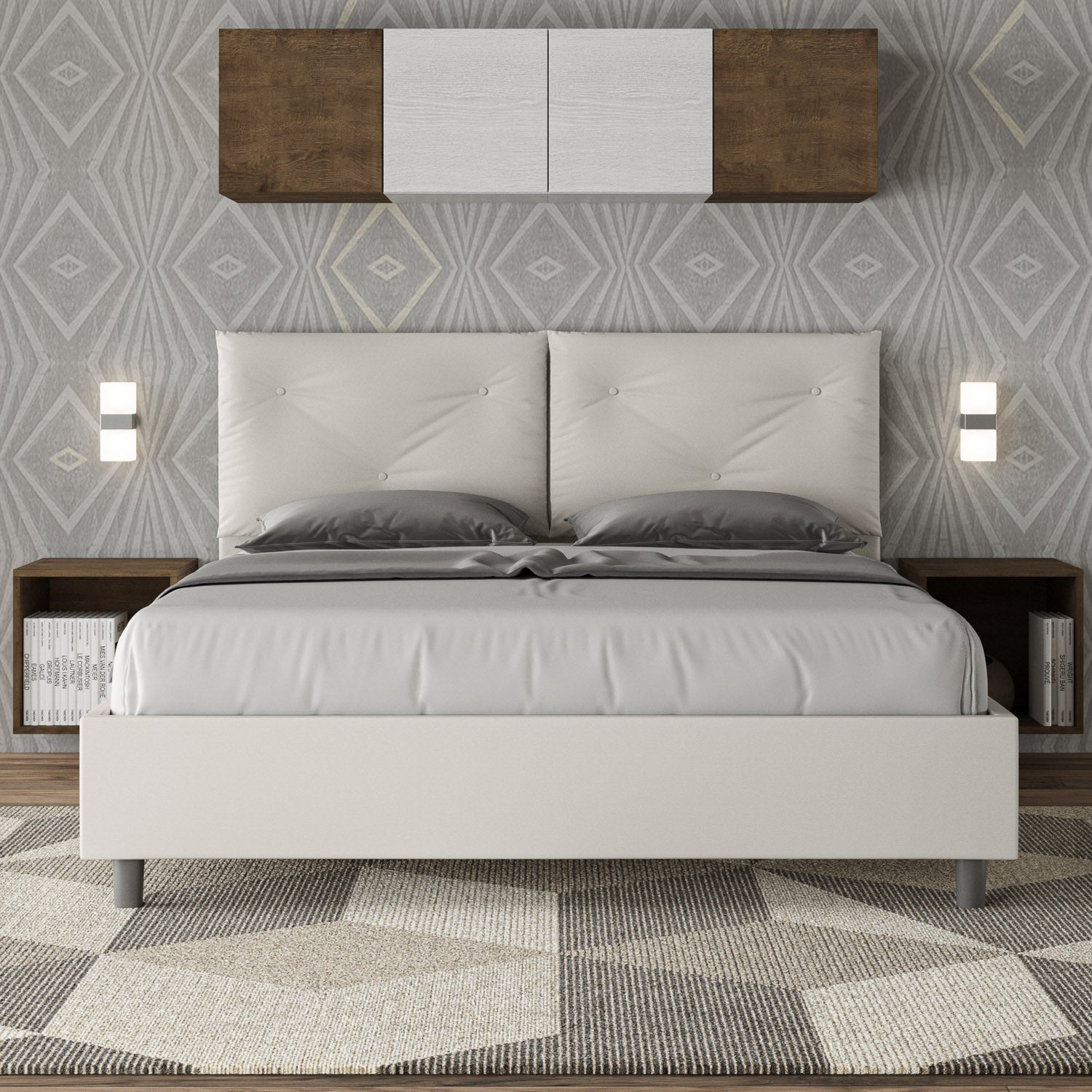Letto con testata e cuscini con botones a elección, giroletto, contenedor o con red de listones en similpiel blanca - 80x190 estándar individual - JoyShop Colchones