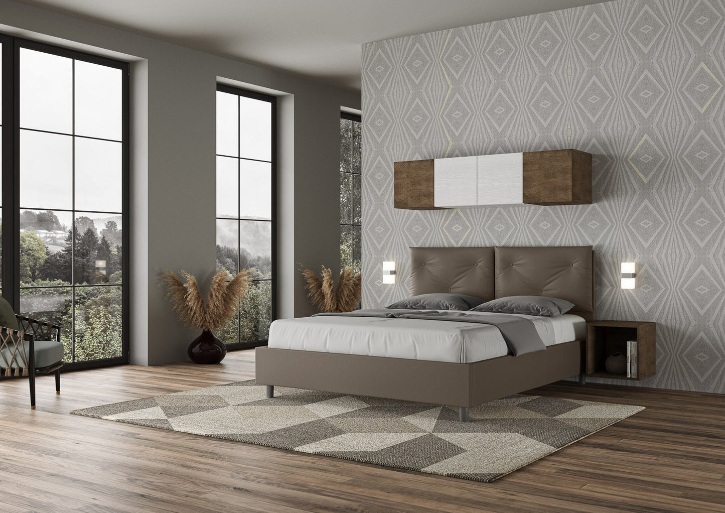 Letto Testata y cojines con botones a elección, cabecero, contenedor o con somier de lamas en similpiel Cappuccino - 80x190 Individual estándar - JoyShop Colchones
