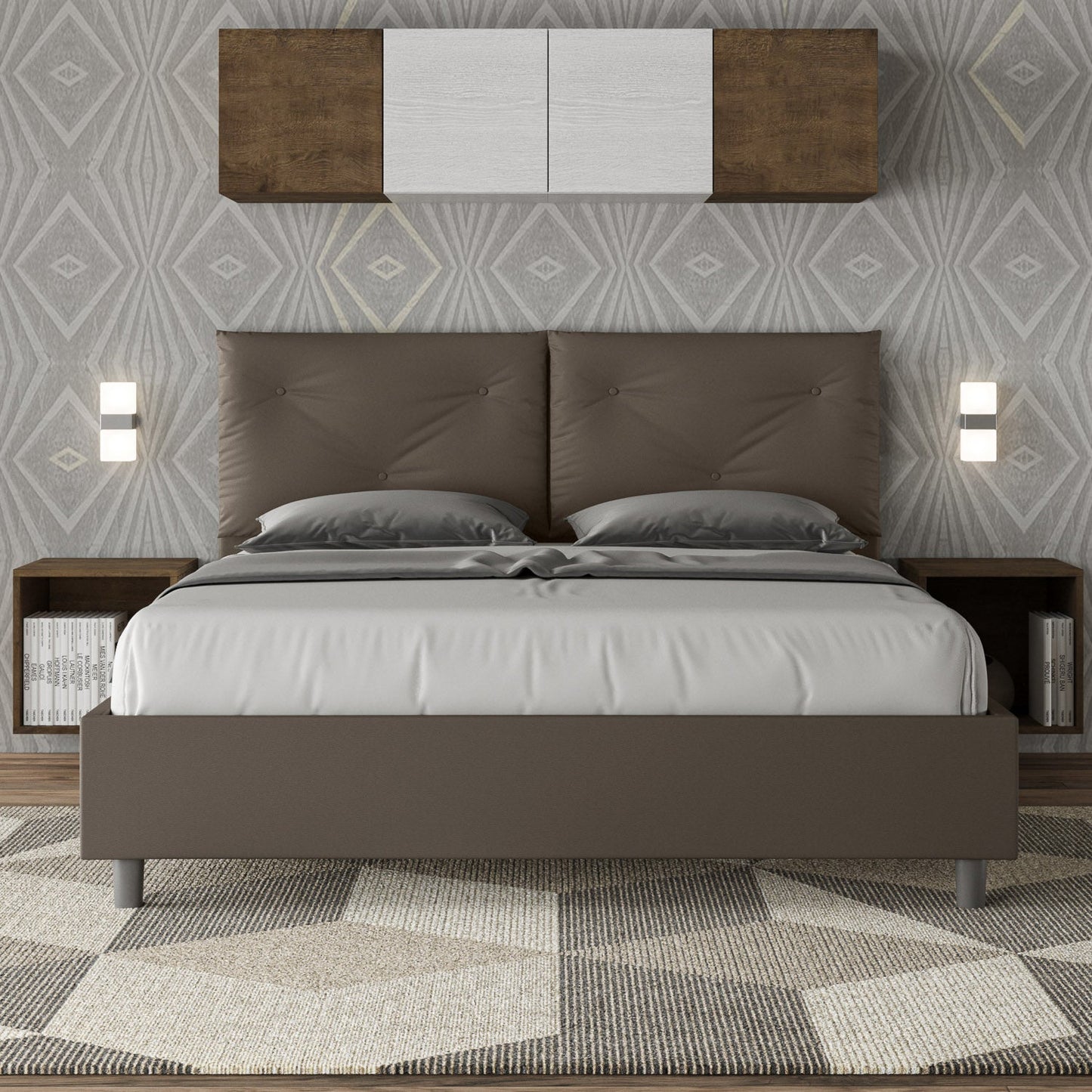 Letto Testata y cojines con botones a elección, cabecero, contenedor o con somier de lamas en similpiel Cappuccino - 80x190 Individual estándar - JoyShop Colchones