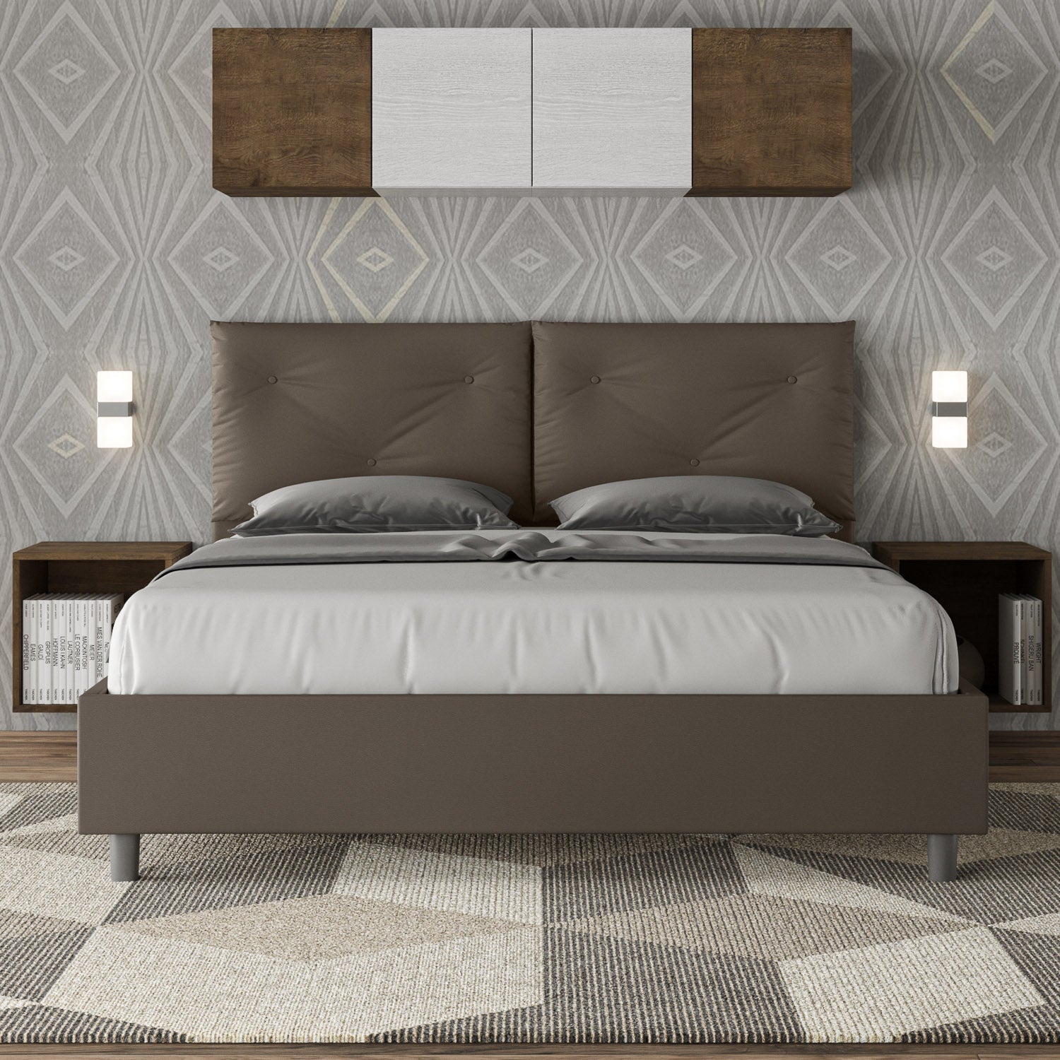 Letto Testata y cojines con botones a elección, cabecero, contenedor o con somier de lamas en similpiel Cappuccino - 80x190 Individual estándar - JoyShop Colchones