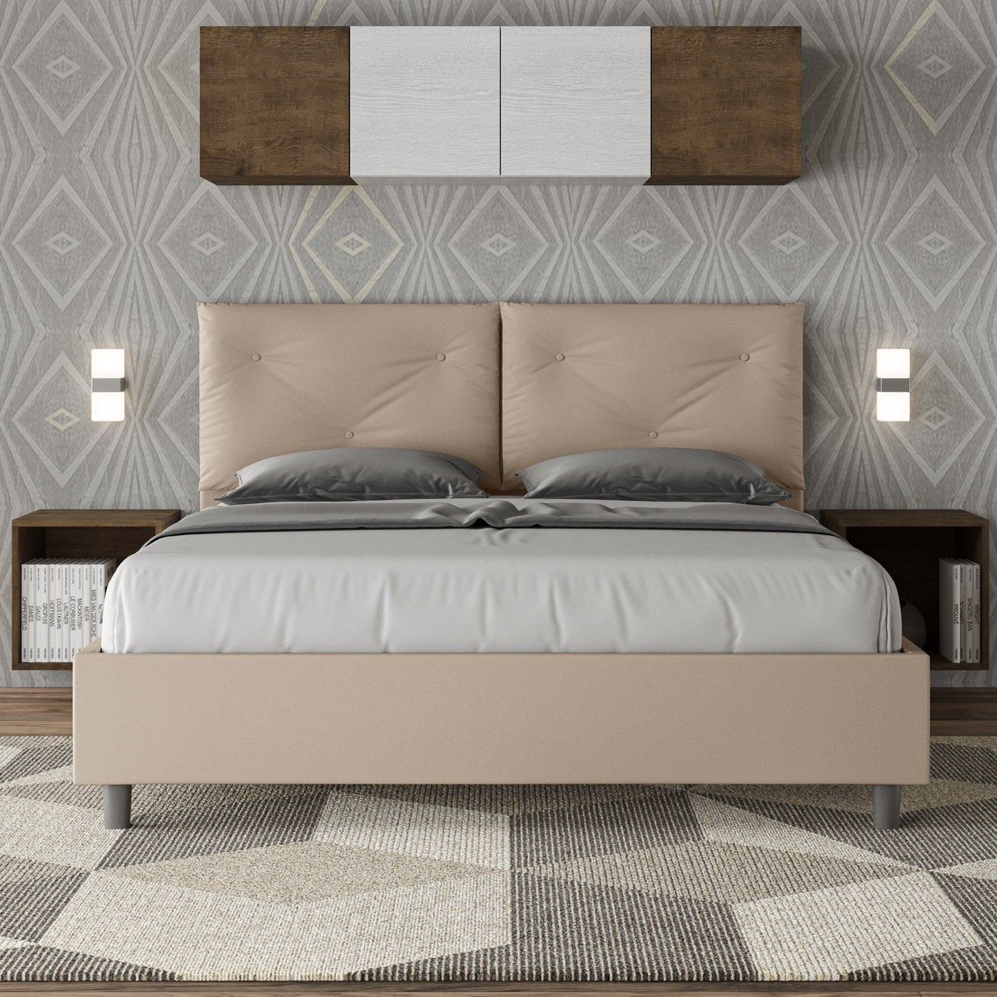 Letto con testata e cuscini con botones a elección, giroletto, contenedor o con red de listones en similpelle Tortora - 80x190 Individual estándar - JoyShop Colchones