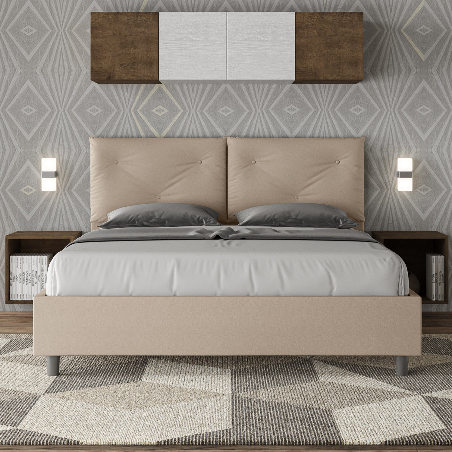 Letto con testata e cuscini con botones a elección, giroletto, contenedor o con red de listones en similpelle Tortora - 80x190 Individual estándar - JoyShop Colchones