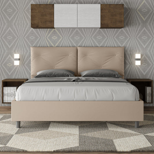 Letto con testata e cuscini con botones a elección, giroletto, contenedor o con red de listones en similpelle Tortora - 80x190 Individual estándar - JoyShop Colchones