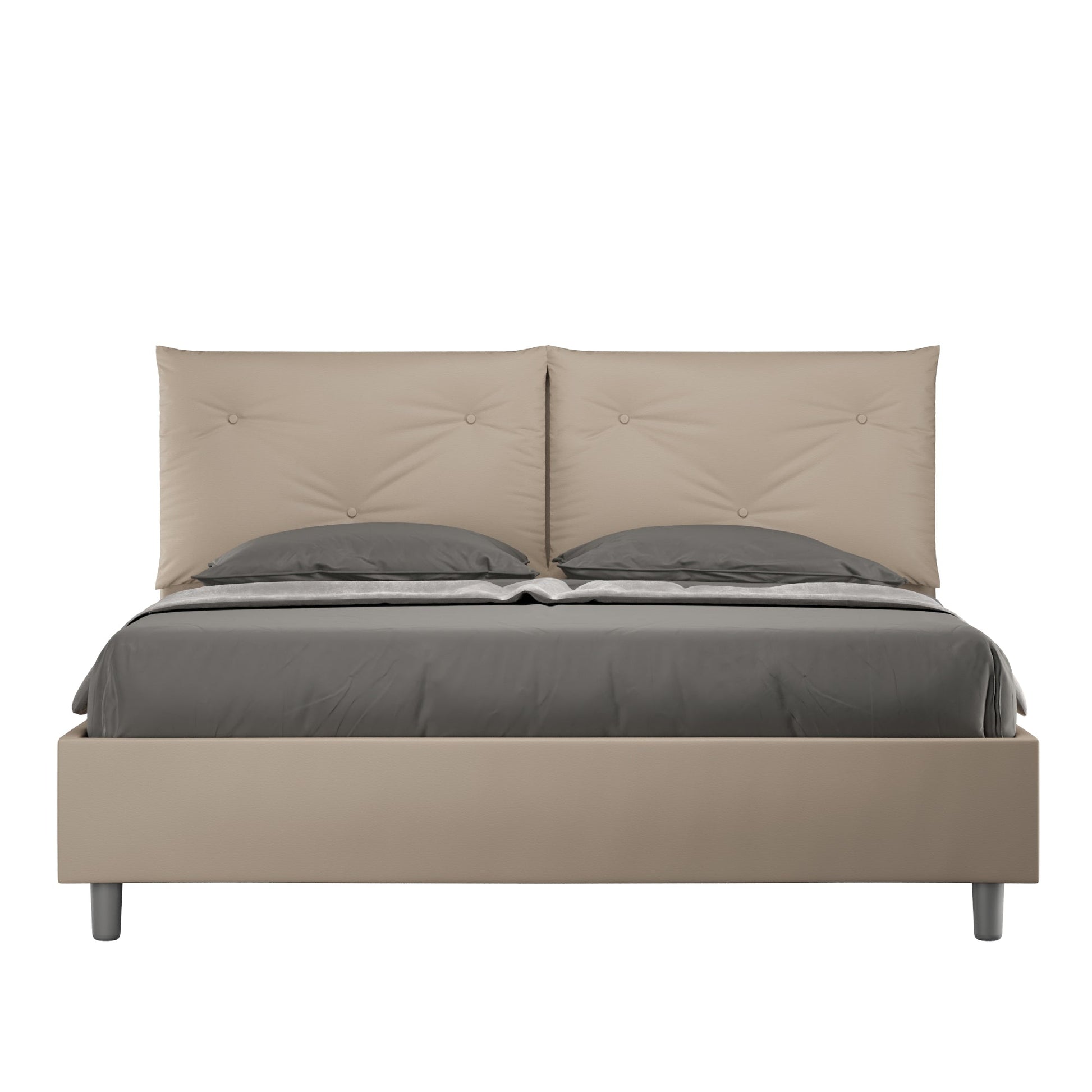 Letto con testata e cuscini con botones a elección, giroletto, contenedor o con red de listones en similpelle Tortora - 80x190 Individual estándar - JoyShop Colchones