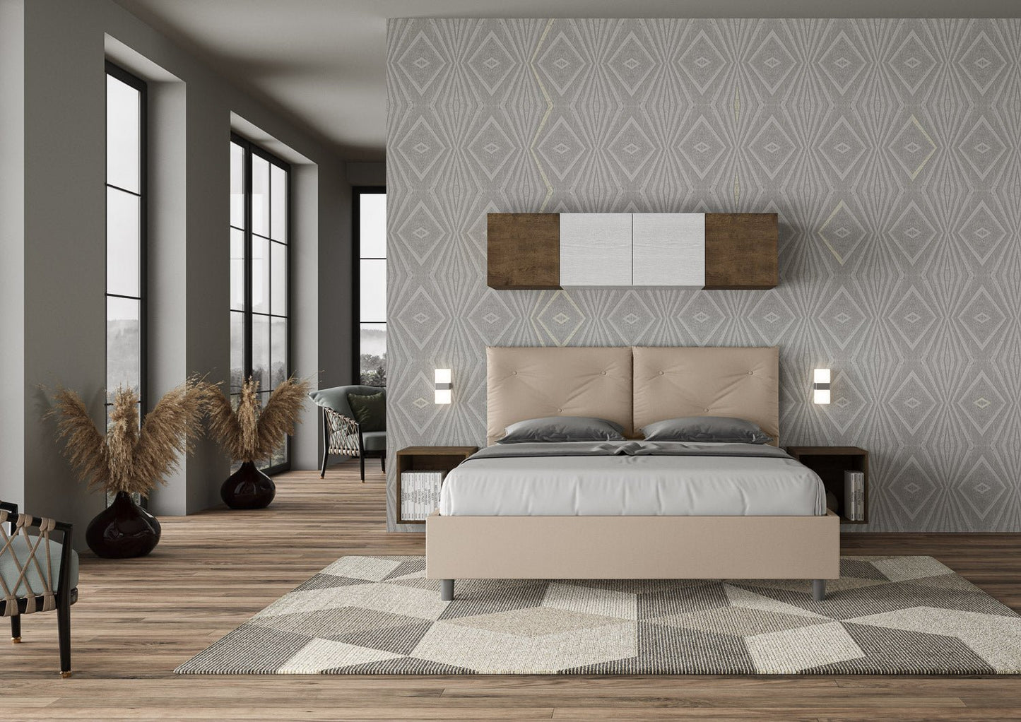 Letto con testata e cuscini con botones a elección, giroletto, contenedor o con red de listones en similpelle Tortora - 80x190 Individual estándar - JoyShop Colchones