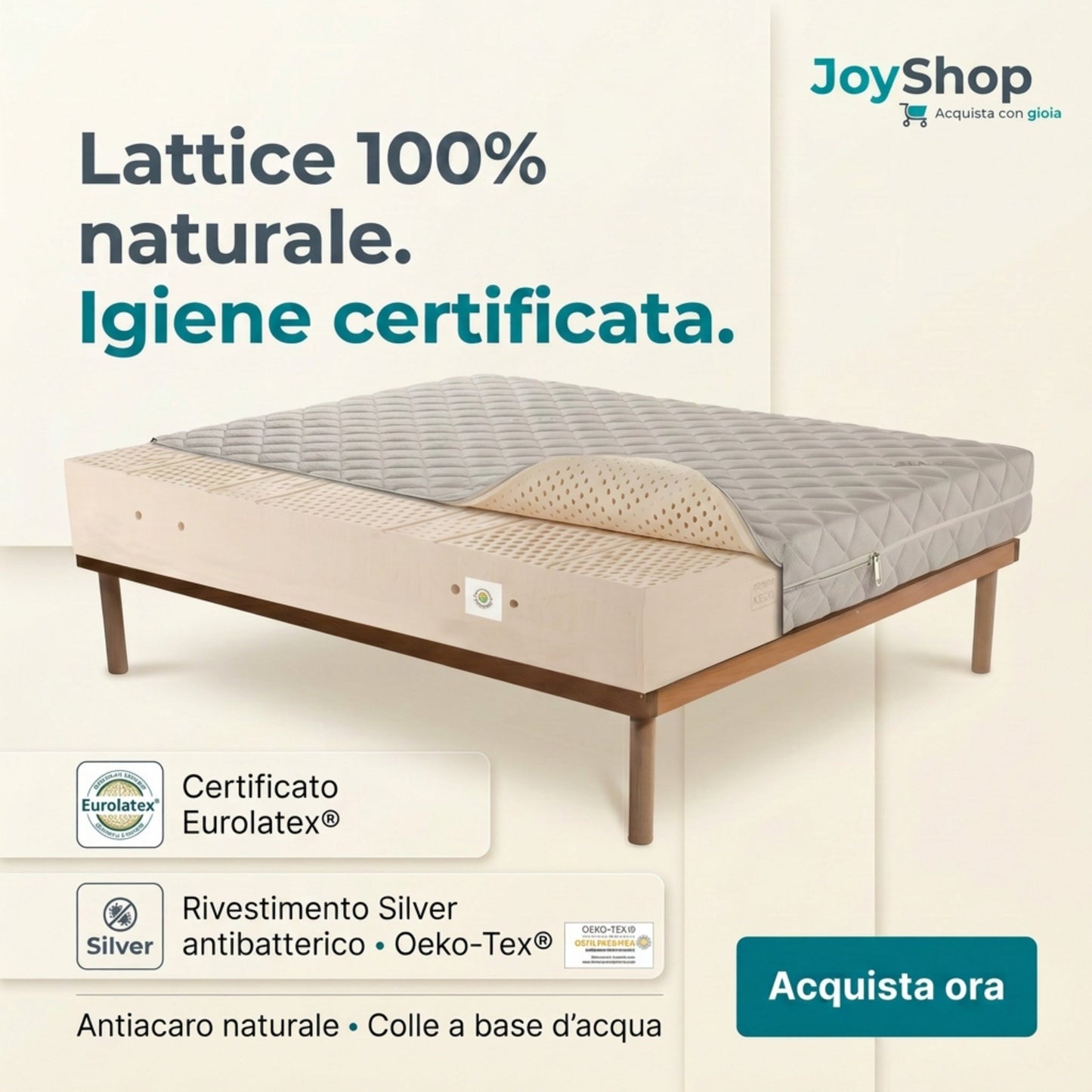 Materasso 100% lattice di origine naturale a zone con tessuto antiacaro alto 20 cm - POLARIS - 80x190 Singolo standard - JoyShop Materassi