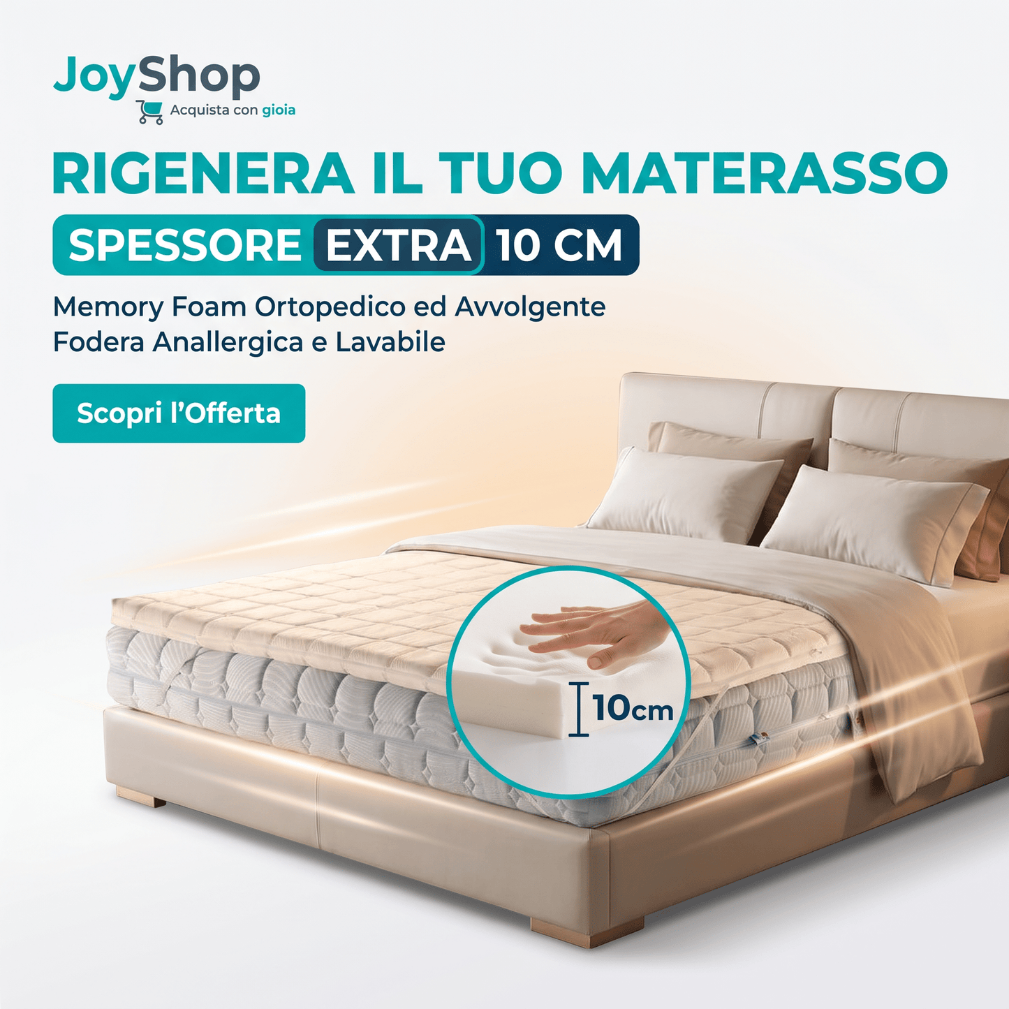 Topper Memory Foam – Correttore Anallergico, 10 cm, Sfoderabile Lavabile - JoyShop Materassi 2