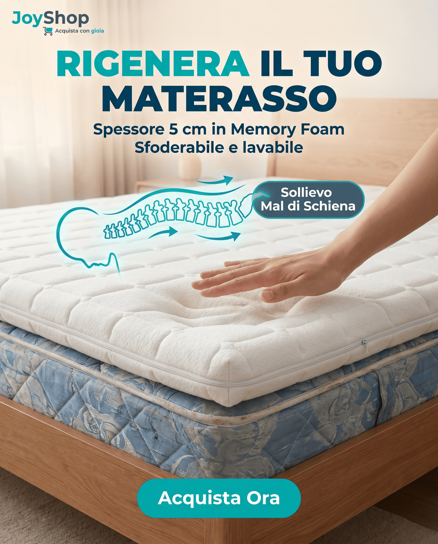 Topper Memory Foam – Correttore Anallergico, 5 cm, Sfoderabile Lavabile - JoyShop Materassi 2