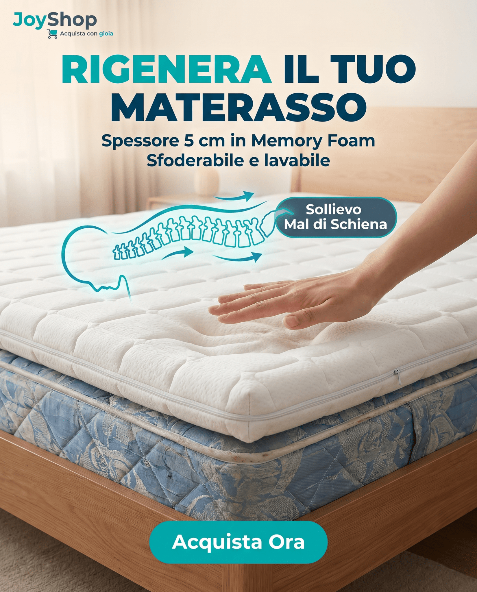 Topper Memory Foam – Correttore Anallergico, 5 cm, Sfoderabile Lavabile - JoyShop Materassi 2